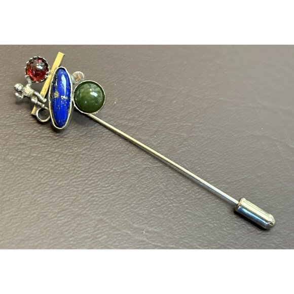 Vintage Cherub Sterling & Vermeil Lapis Garnet Jade Abstract Lapel Stick Pin - Picture 3 of 11
